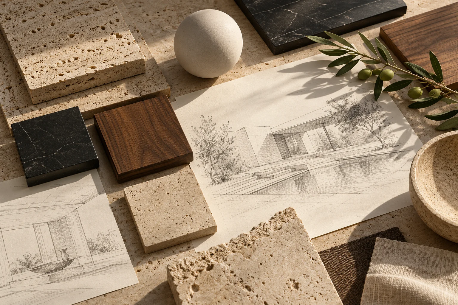 Concept imagery: material samples and architectural sketches